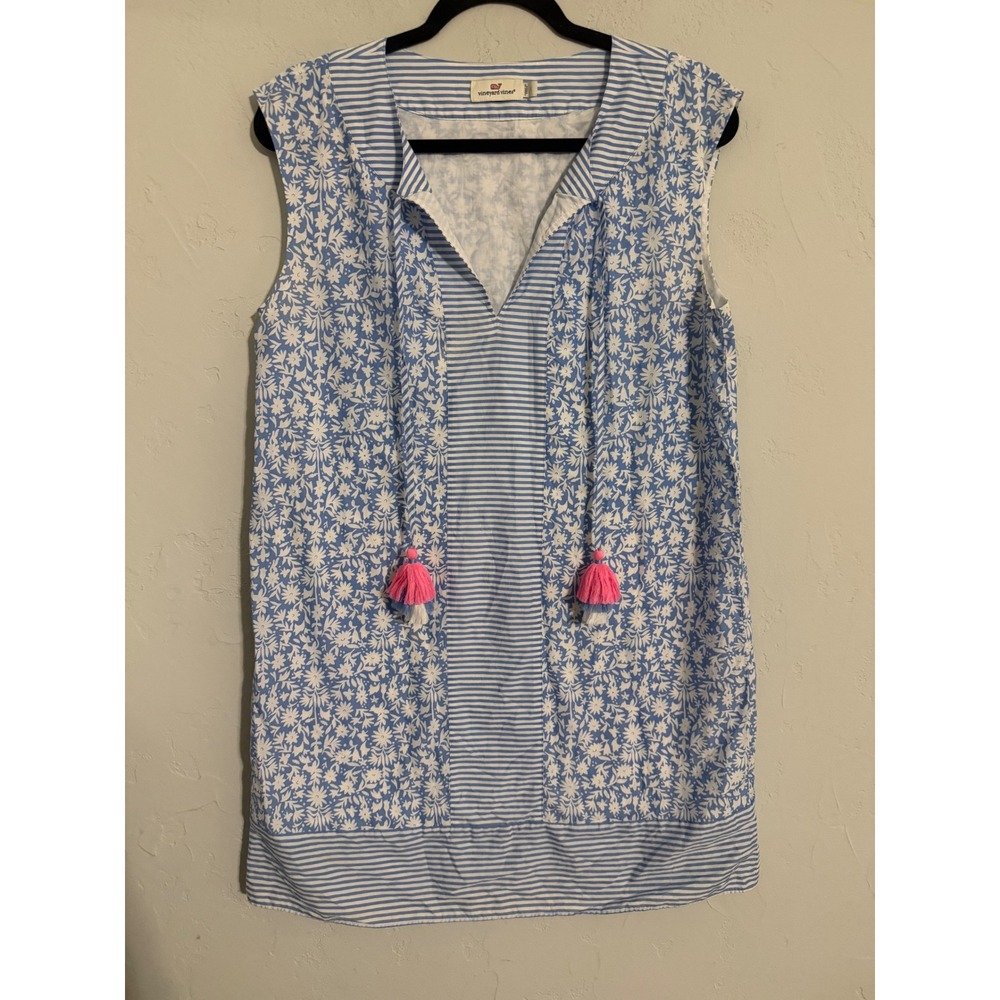 Vineyard Vines Womens Blue White Floral Striped Tassel Shift Dress Small